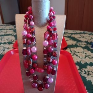 Vintage The Emporium Pink & Red Lucite Bead Triple Strand 17" Necklace -New Tag